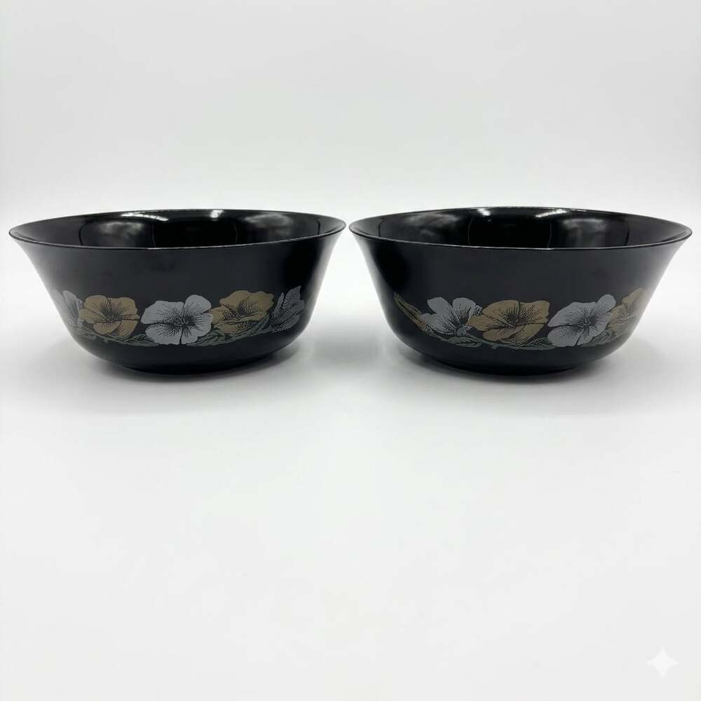 Arcoroc France Black Glass Julie Floral Serving Bowls 9”Set of 2
